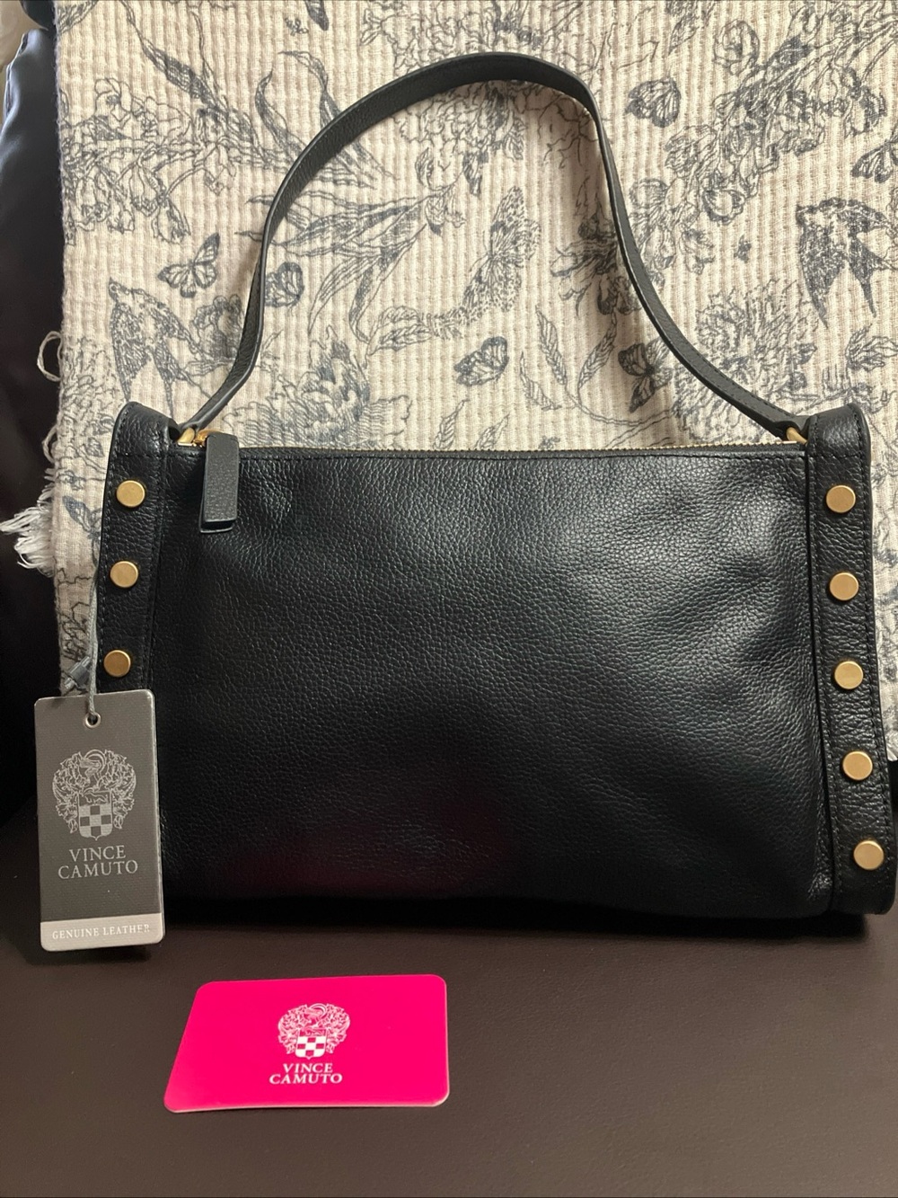 Vince Camuto Black Lisha Leather Shoulder Bag with Gold-Tone Studs